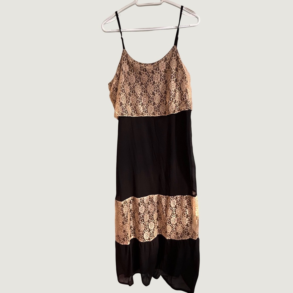Blue Moon Womens Black Tan Floral Lace Tiered Spaghetti Strap Midi Dress L Boho